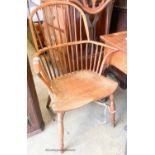 An early 19th century yew and elm Windsor elbow chair, width 59cm, depth 40cm, height 97cm