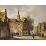 20th century Dutch School, oil on panel, Street scene with figures, signed, 23 x 29cm.