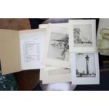 Nelson Dawson (1859-1941) group of unframed etchings and a typed list of works by the artistTyped