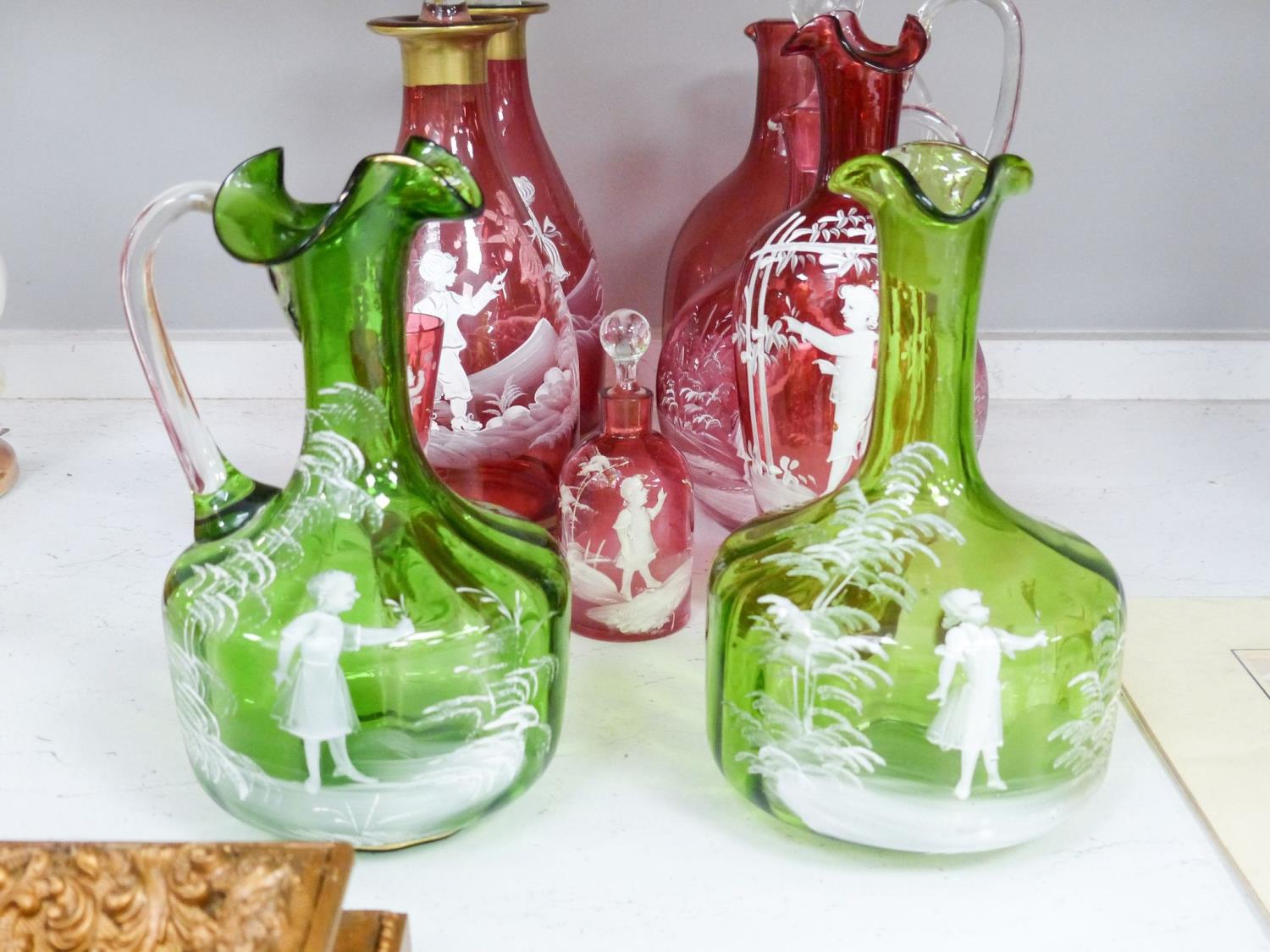 A collection of Mary Gregory cranberry and green glass decanters, jug etc (9), tallest 28.5 cm - Image 2 of 6