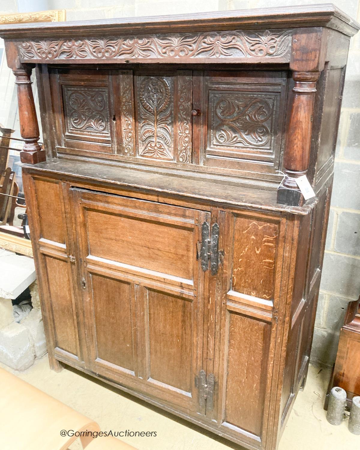 An early 18th century oak court cupboard, width 128cm, depth 59cm, height 172cm