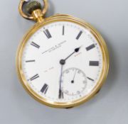 A late Victorian 18ct gold open faced keyless pocket watch, by Hamilton & Inches, with signed three