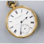 A late Victorian 18ct gold open faced keyless pocket watch, by Hamilton & Inches, with signed three