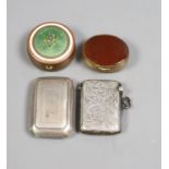 A George III silver curved snuff box, Birmingham, 1813, 52mm, a silver vesta case and two metal