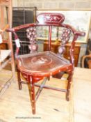 A 20th century Chinese mother of pearl inlaid hardwood corner elbow chair