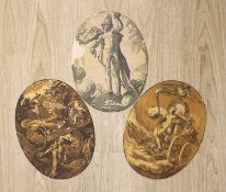 After Hendrick Goltzius (1558-1617) - Three coloured woodblock prints, 35 x 26cm. Unframed.