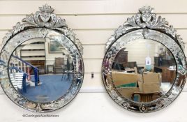 A pair of circular Venetian etched glass mirrors, diameter 58cm