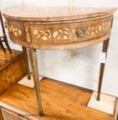 A 19th century Dutch marquetry walnut demi lune side table, width 76cm, depth 39cm, height 74cm