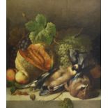 Max Correggio (German, 1854-1908), oil on canvas, still life of fruit with dead jays, bears