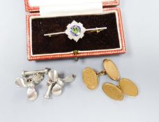 A pair of 9ct gold oval cufflinks with engraved monogram, 11.5 grams, a 14ct, plat and enamel '