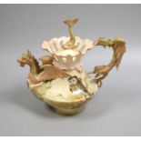 An Alfred Stellmacher Teplitz ‘dragon’ teapot and cover, c.1890, decorated with an owl, 23cm across