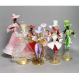 A group of eight Murano glass figures of dancers, tallest 32cm