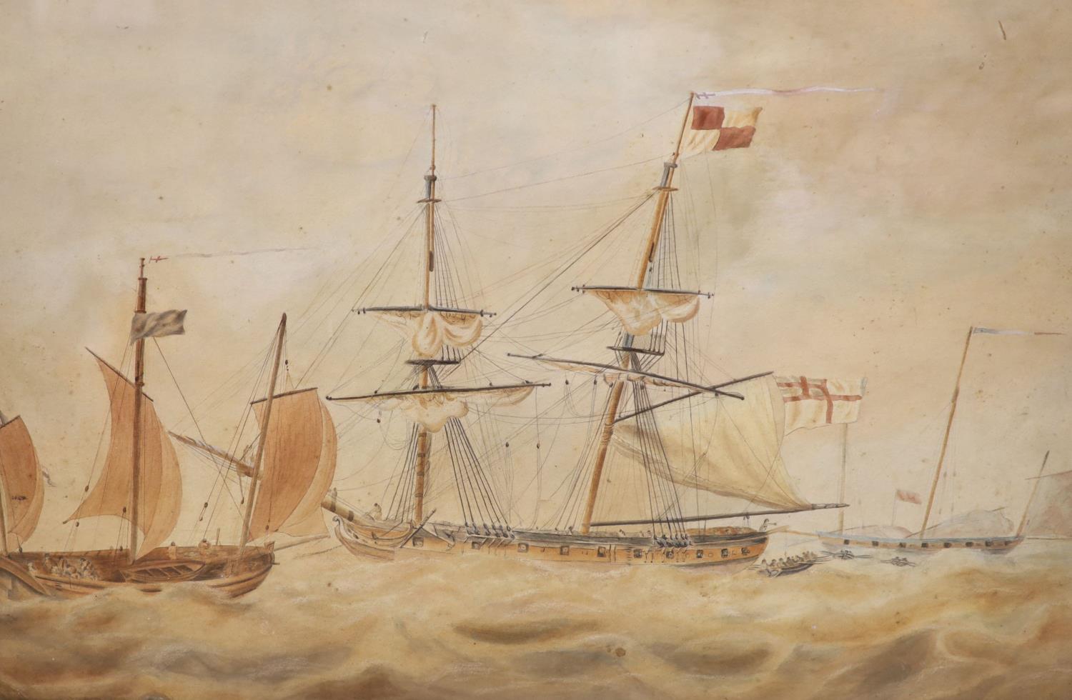 F.Ommanney (19th C), watercolour, Naive shipping scene, signed 38 x 55cm. and two coloured - Image 4 of 4