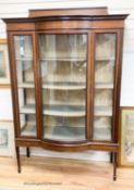 An Edwardian satinwood banded bow front mahogany display cabinet, width 115cm, depth 45cm, height