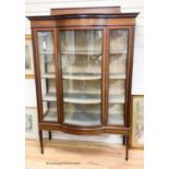 An Edwardian satinwood banded bow front mahogany display cabinet, width 115cm, depth 45cm, height