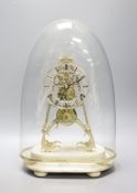 A 19th century brass skeleton clock on marble base. Associated glass dome, total height 44.5 cm