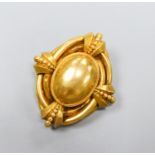 A Victorian yellow metal oval brooch with open back, (pin and hinge missing), 47mm, gross 11.5