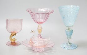 A group of five Venetian glass vases, dishes and a swan pin tray