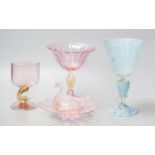 A group of five Venetian glass vases, dishes and a swan pin tray