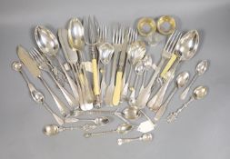 A pair of German 800 gilt white metal salts and a quantity of continental white metal flatware