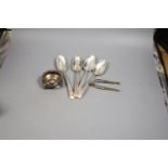 Four various George III silver Old English pattern tablespoons, a later silver salt and pair of