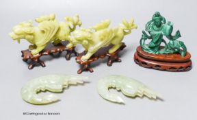 A group of Chinese hardstone carvings, mid 20th century to include a pair of mythical beasts, a