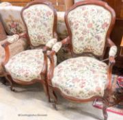 A pair of French mahogany framed open armchairs, width 60cm, depth 50cm, height 100cm