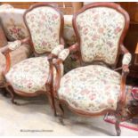 A pair of French mahogany framed open armchairs, width 60cm, depth 50cm, height 100cm