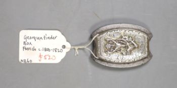 A 19th century French gilt white metal and steel shaped oval tinder box, with stag's head and