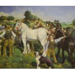 After Munnings, a modern oil on board, horse fair, 50 x 60cm.