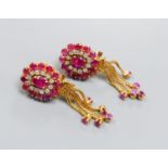 A pair of Indian yellow metal, ruby and diamond cluster earrings with detachable tassel drops,