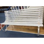 A slatted wood and wrought iron garden bench, length 177cm, depth 68cm, height 80cm