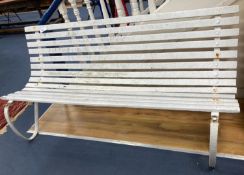 A slatted wood and wrought iron garden bench, length 177cm, depth 68cm, height 80cm