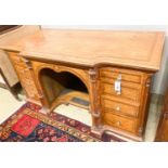 A late Victorian banded satinwood kneehole desk, width 138cm, depth 67cm, height 71cm