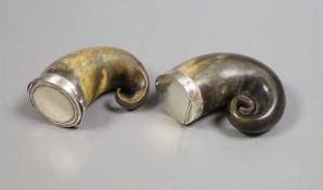 Two 19th/early 20th century white metal mounted horn snuff mulls, one hallmarked for London, 1904,