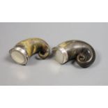 Two 19th/early 20th century white metal mounted horn snuff mulls, one hallmarked for London, 1904,