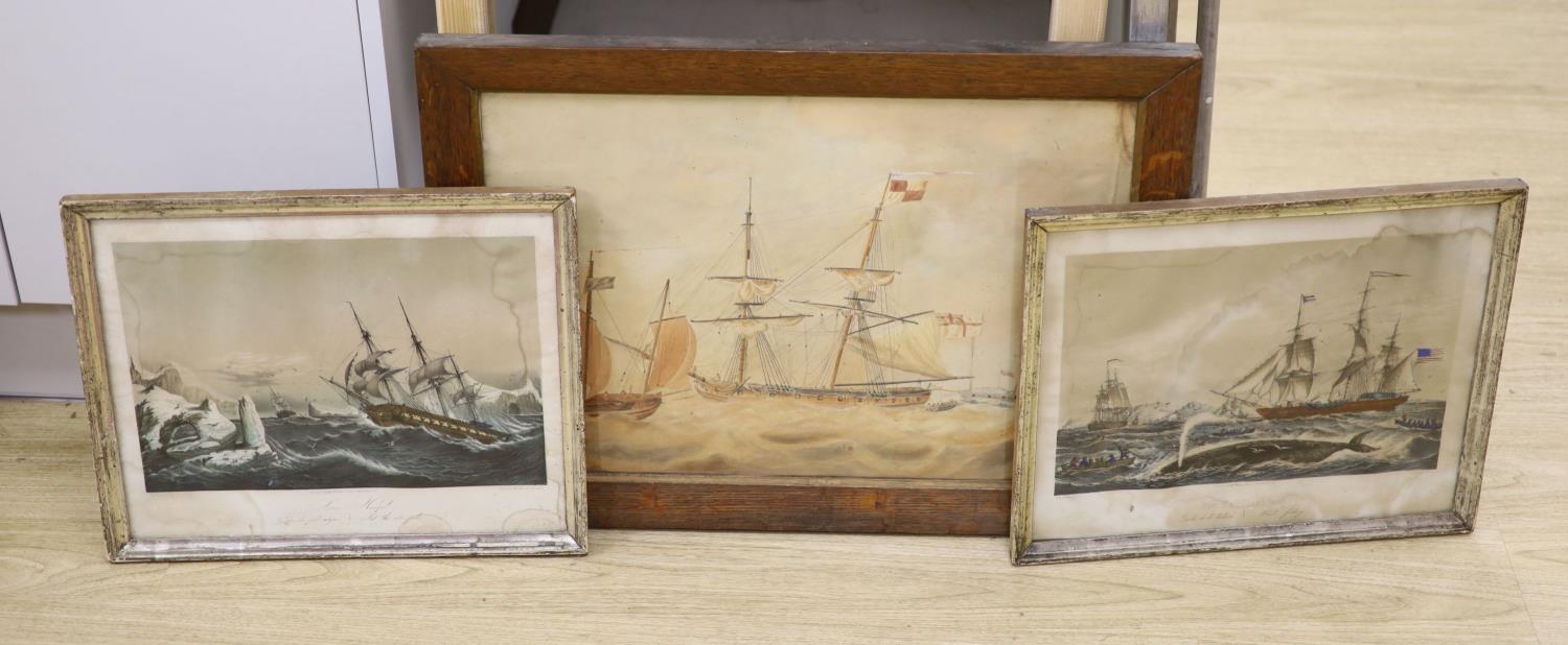 F.Ommanney (19th C), watercolour, Naive shipping scene, signed 38 x 55cm. and two coloured