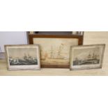 F.Ommanney (19th C), watercolour, Naive shipping scene, signed 38 x 55cm. and two coloured