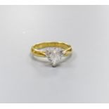 A modern 18ct gold and solitaire heart shaped diamond ring, size K, gross weight 3.6 grams,the