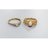 A modern 9ct gold, white opal and diamond set oval cluster ring, size M and a similar single stone