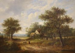 Attributed to Joseph Thors, oil on canvas, figures on a lane beside a farmhouse, signed, 45 x 60cm.