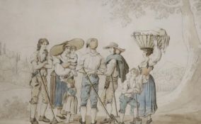 Tyrolean School, late 18th century, country folk in a landscape, pen and watercolour and wash, 20 x