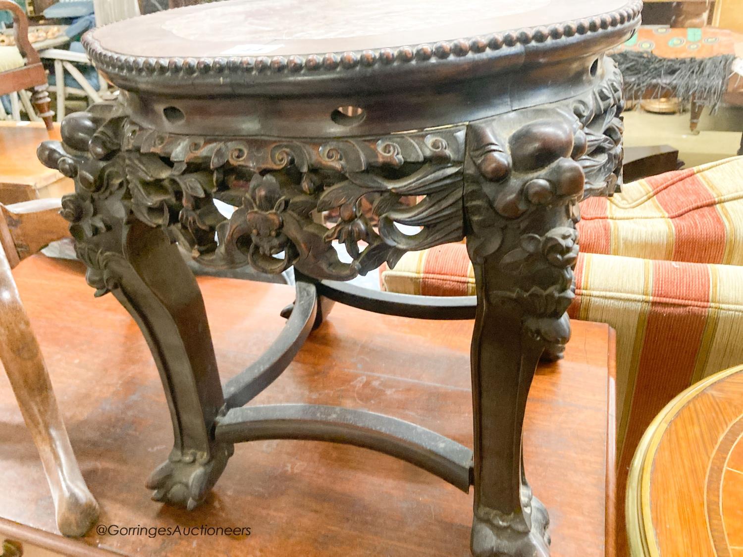 A Chinese carved hardwood jardiniere stand with rouge marble inset top, width 44cm, height 45cm - Image 3 of 3