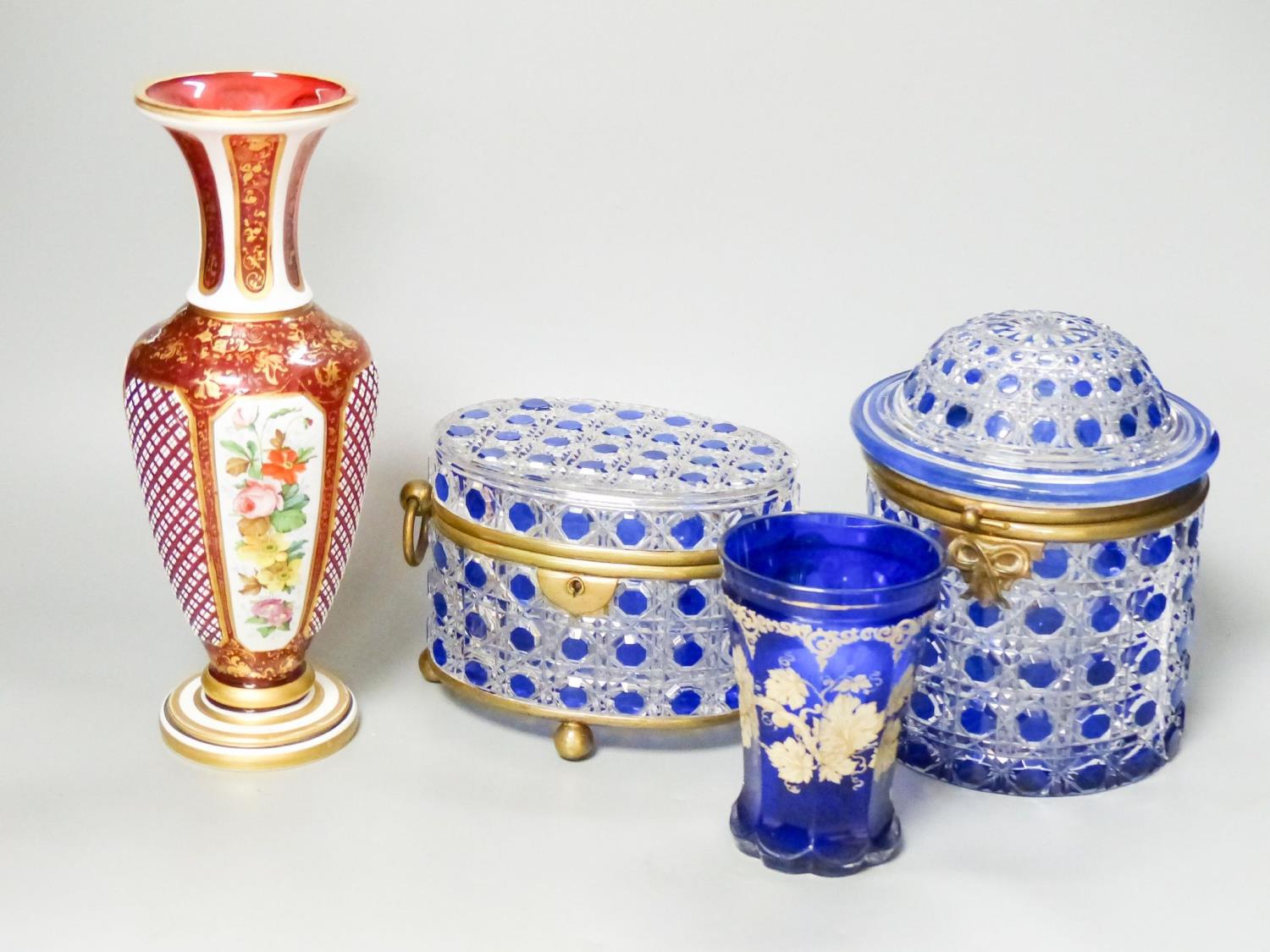 A 19th century Bohemian overlaid glass vase, 25.5cm, a similar gilded and enamelled beaker and two - Image 2 of 4