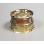 A late Victorian silver mounted glass circular desk inkwell, with domed cover and five pen holes,