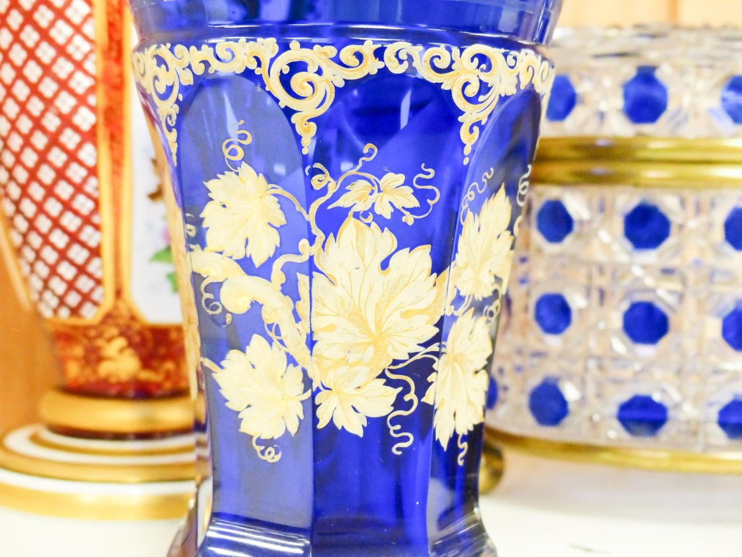 A 19th century Bohemian overlaid glass vase, 25.5cm, a similar gilded and enamelled beaker and two - Image 4 of 4