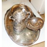 A Victorian embossed silver plated jug, oval tray, meat cover and spoon