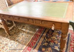 A Victorian mahogany three drawer writing table, width 150cm, depth 82cm, height 75cm