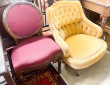 A Louis XV side chair (formerly gilded) and a Victorian buttoned gold dralon nursing chair (2)