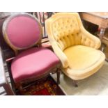 A Louis XV side chair (formerly gilded) and a Victorian buttoned gold dralon nursing chair (2)